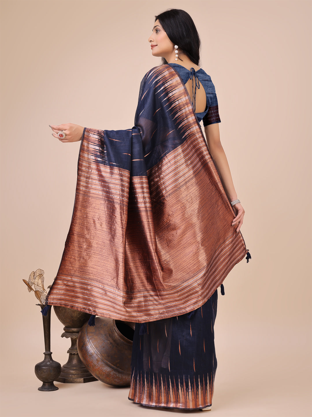 Anaita Navy Blue Linen Cotton With Jacquard Work And Zari Weaving Saree With Blouse | Grocsy