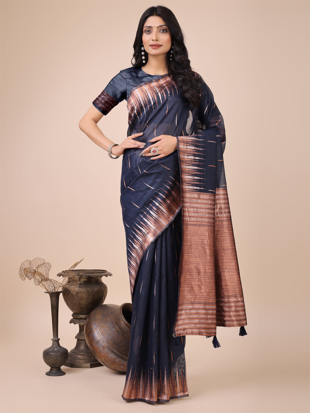Anaita Navy Blue Linen Cotton With Jacquard Work And Zari Weaving Saree With Blouse | Grocsy