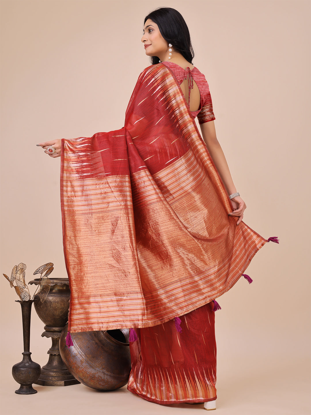 Anaita Red Linen Cotton With Jacquard Work And Zari Weaving Saree With Blouse | Grocsy