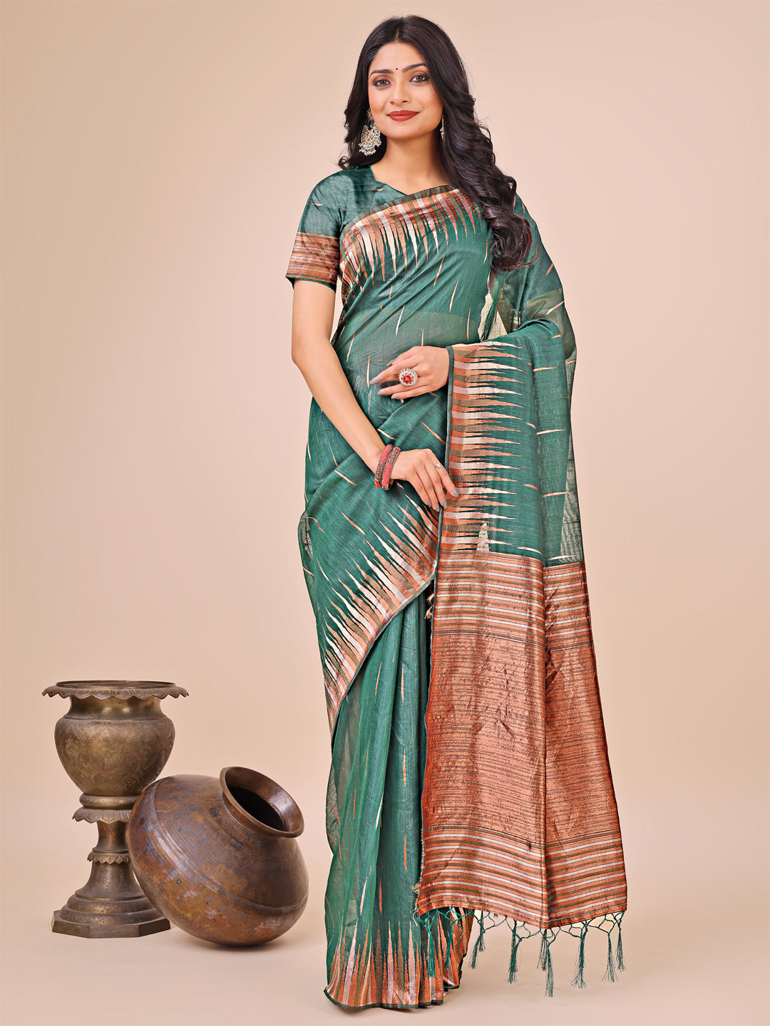 Anaita Green Linen Cotton With Jacquard Work And Zari Weaving Saree With Blouse | Grocsy