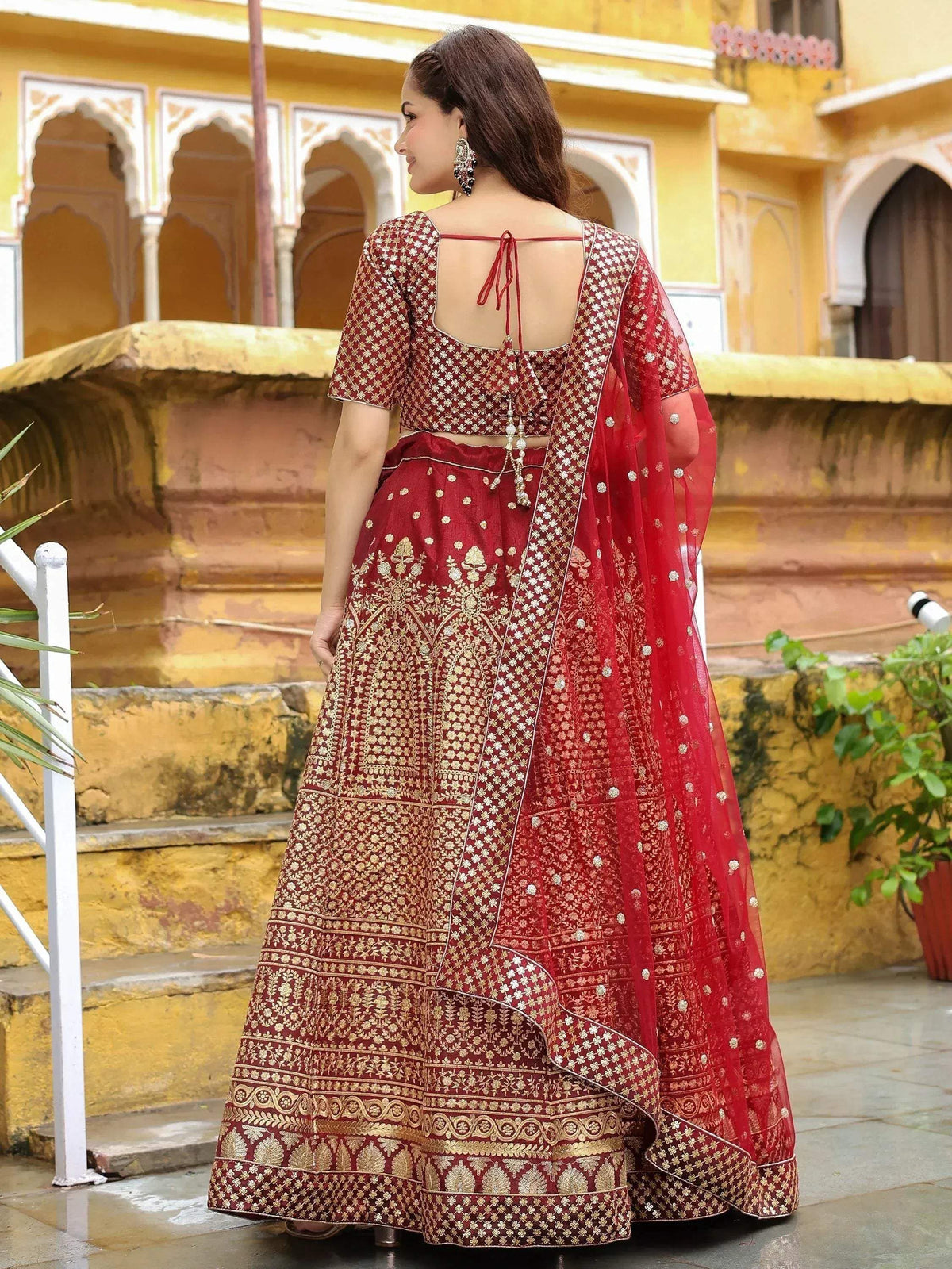 Tulsi Art Astonishing Maroon Sequins Raw Silk Wedding Wear Lehenga Choli | Grocsy
