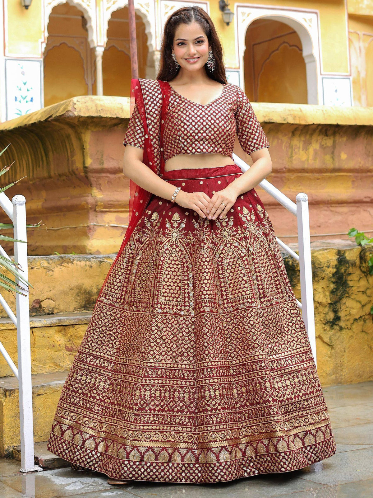 Tulsi Art Astonishing Maroon Sequins Raw Silk Wedding Wear Lehenga Choli | Grocsy