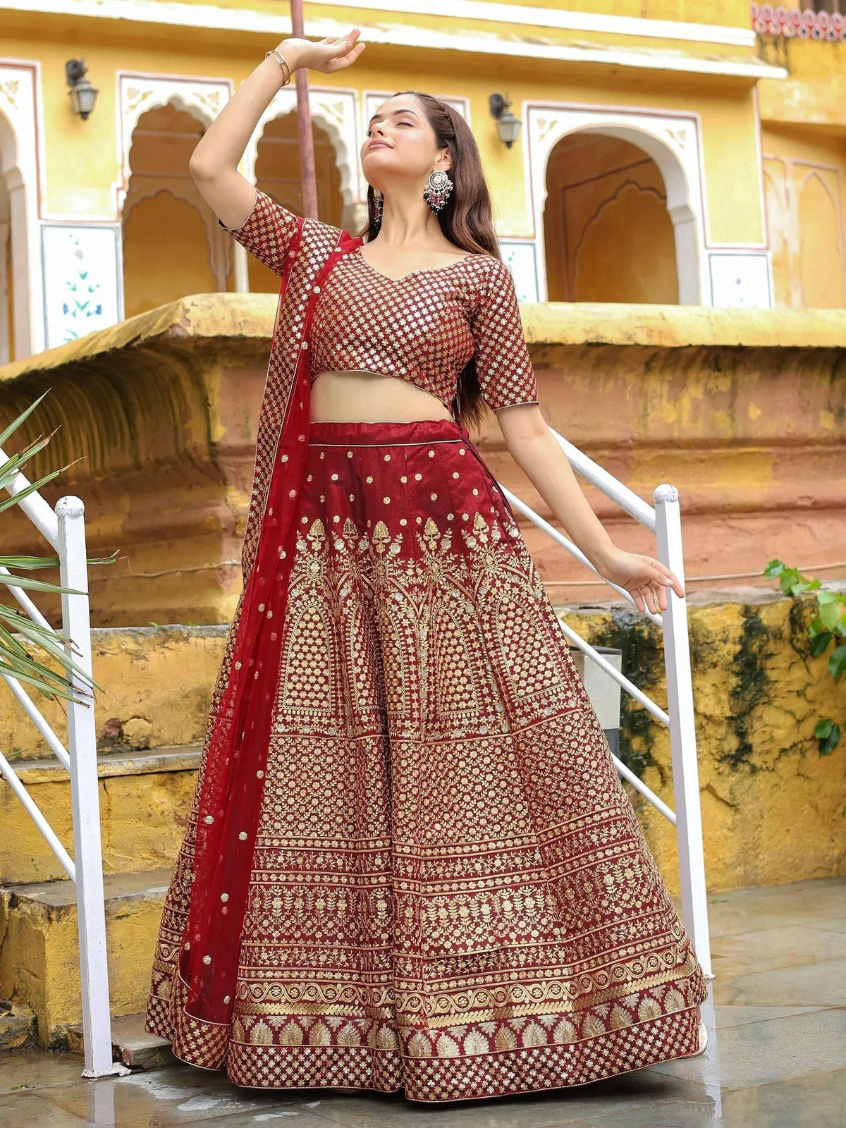 Tulsi Art Astonishing Maroon Sequins Raw Silk Wedding Wear Lehenga Choli | Grocsy