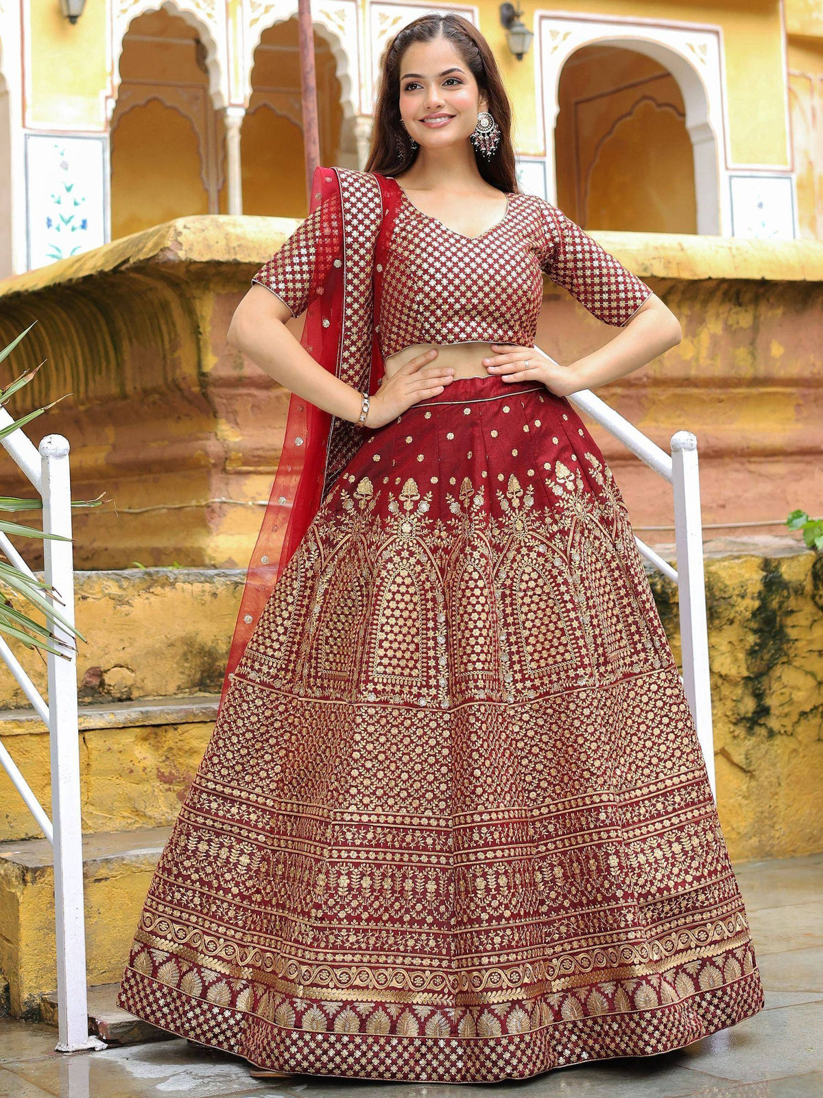 Tulsi Art Astonishing Maroon Sequins Raw Silk Wedding Wear Lehenga Choli | Grocsy