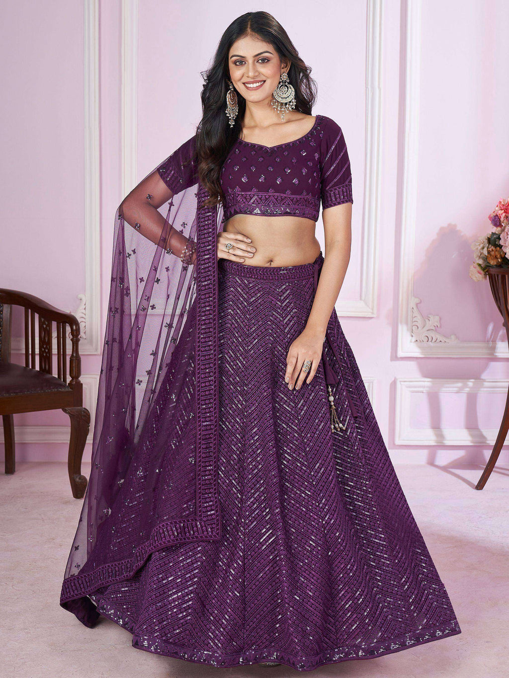 Tulsi Art Astonishing Purple Sequins Georgette Engagement Wear Lehenga Choli | Grocsy