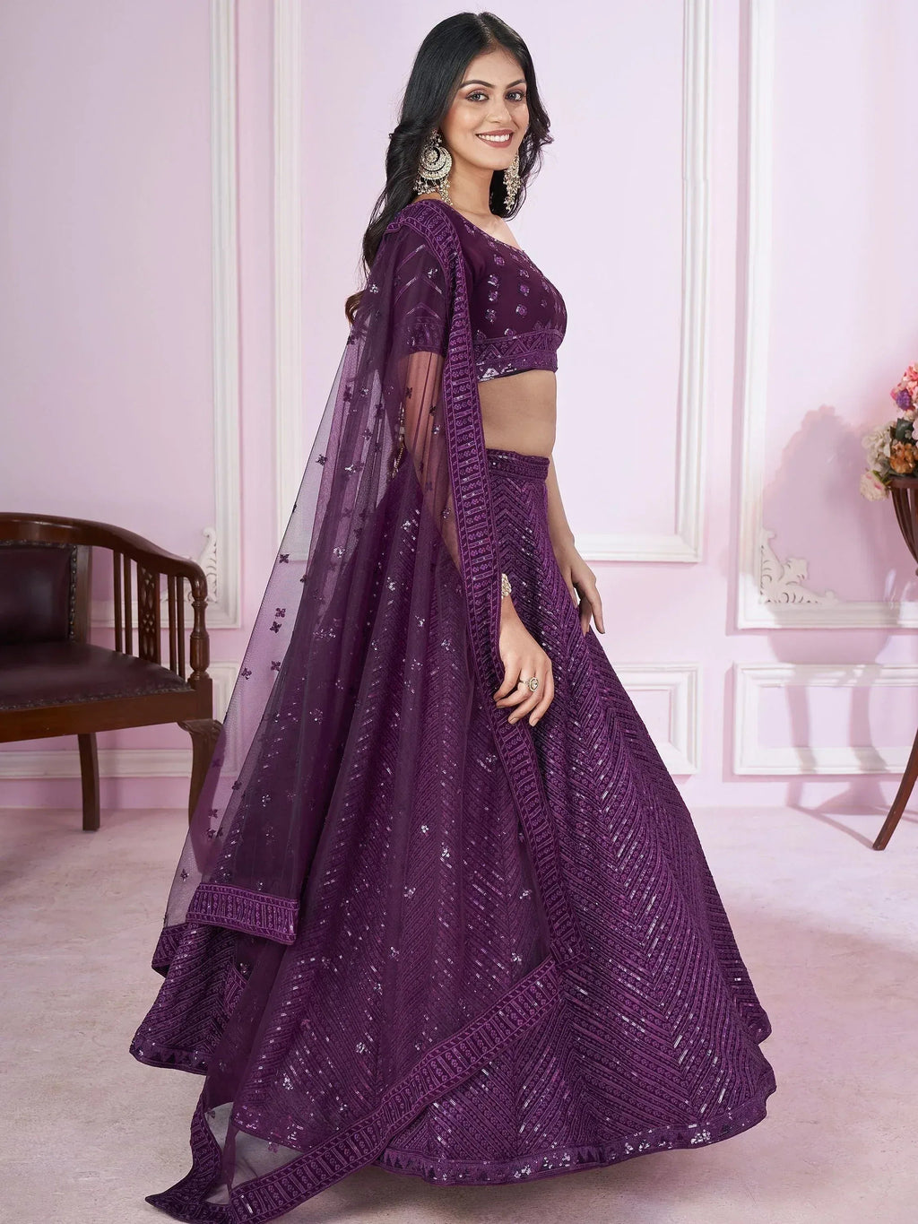 Tulsi Art Astonishing Purple Sequins Georgette Engagement Wear Lehenga Choli | Grocsy