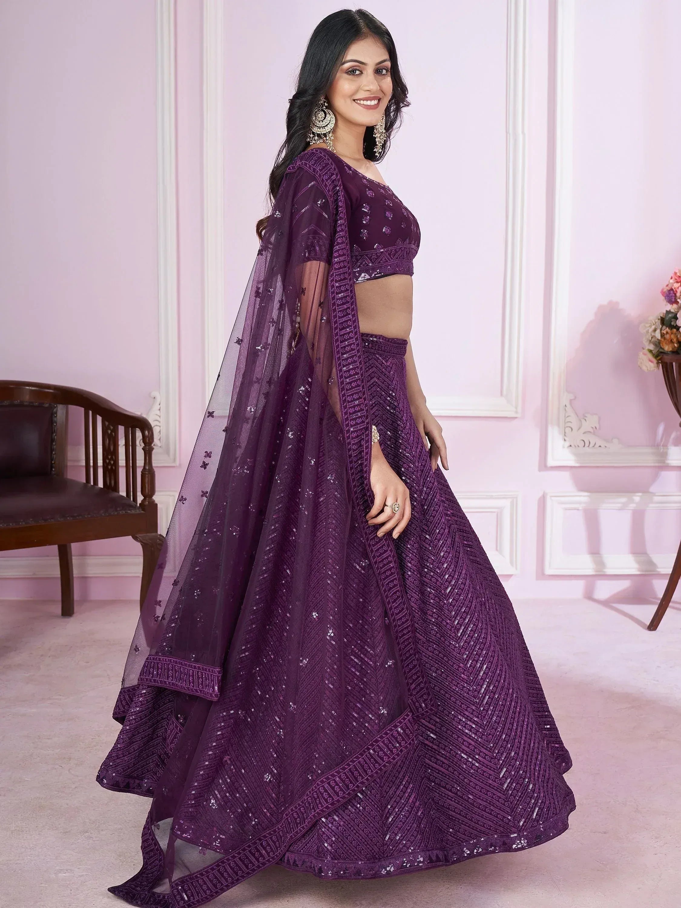 Tulsi Art Astonishing Purple Sequins Georgette Engagement Wear Lehenga Choli | Grocsy