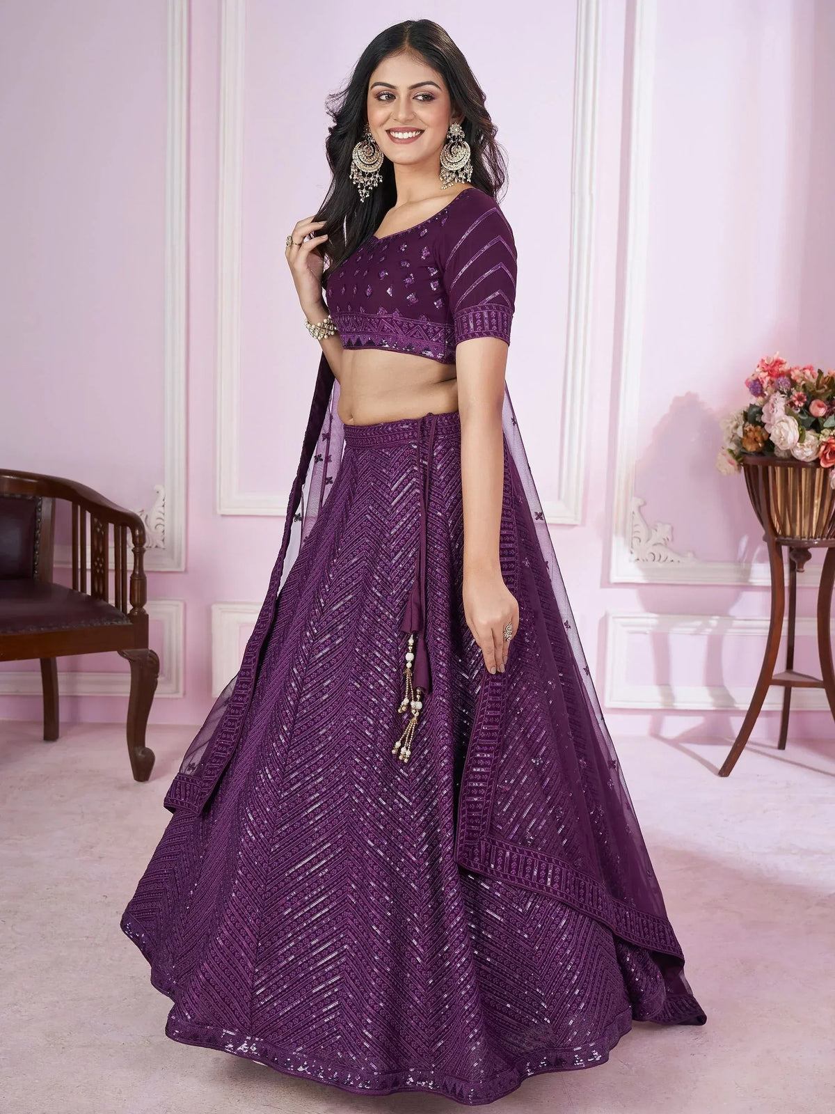 Tulsi Art Astonishing Purple Sequins Georgette Engagement Wear Lehenga Choli | Grocsy