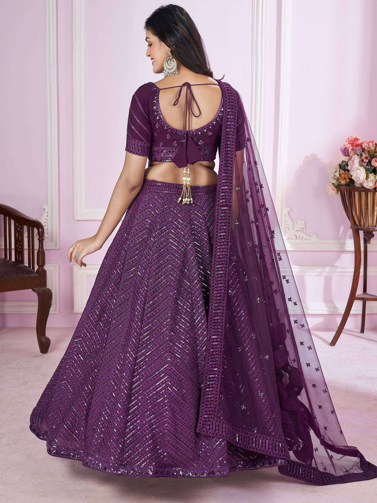Tulsi Art Astonishing Purple Sequins Georgette Engagement Wear Lehenga Choli | Grocsy