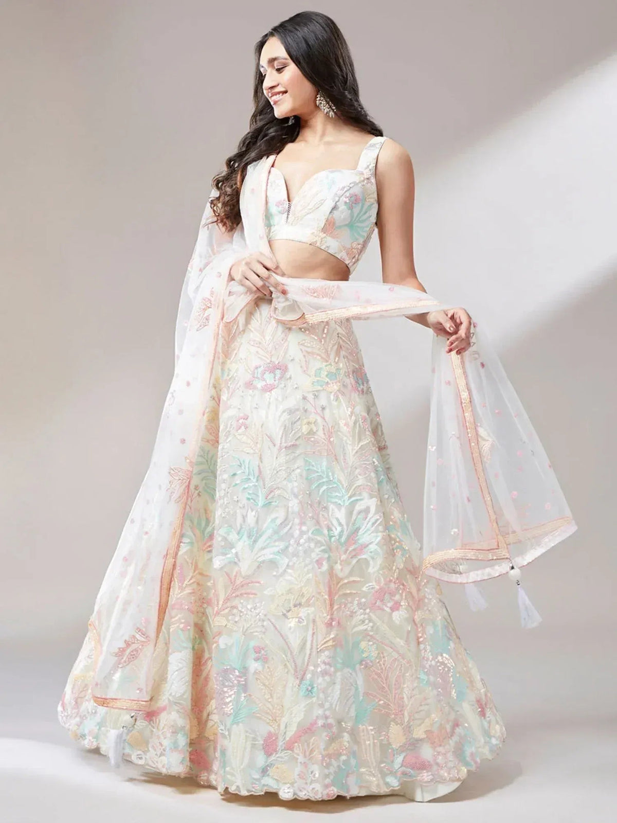Tulsi Art Astounding Off-White Sequins Soft Net Wedding Wear Lehenga Choli | Grocsy