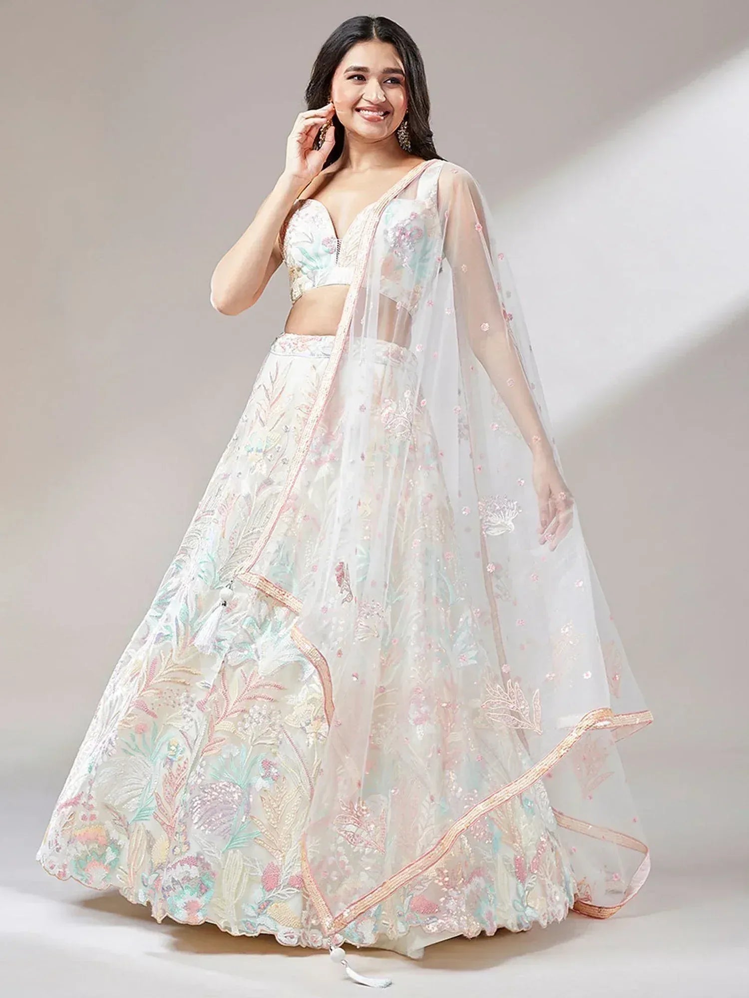 Tulsi Art Astounding Off-White Sequins Soft Net Wedding Wear Lehenga Choli | Grocsy