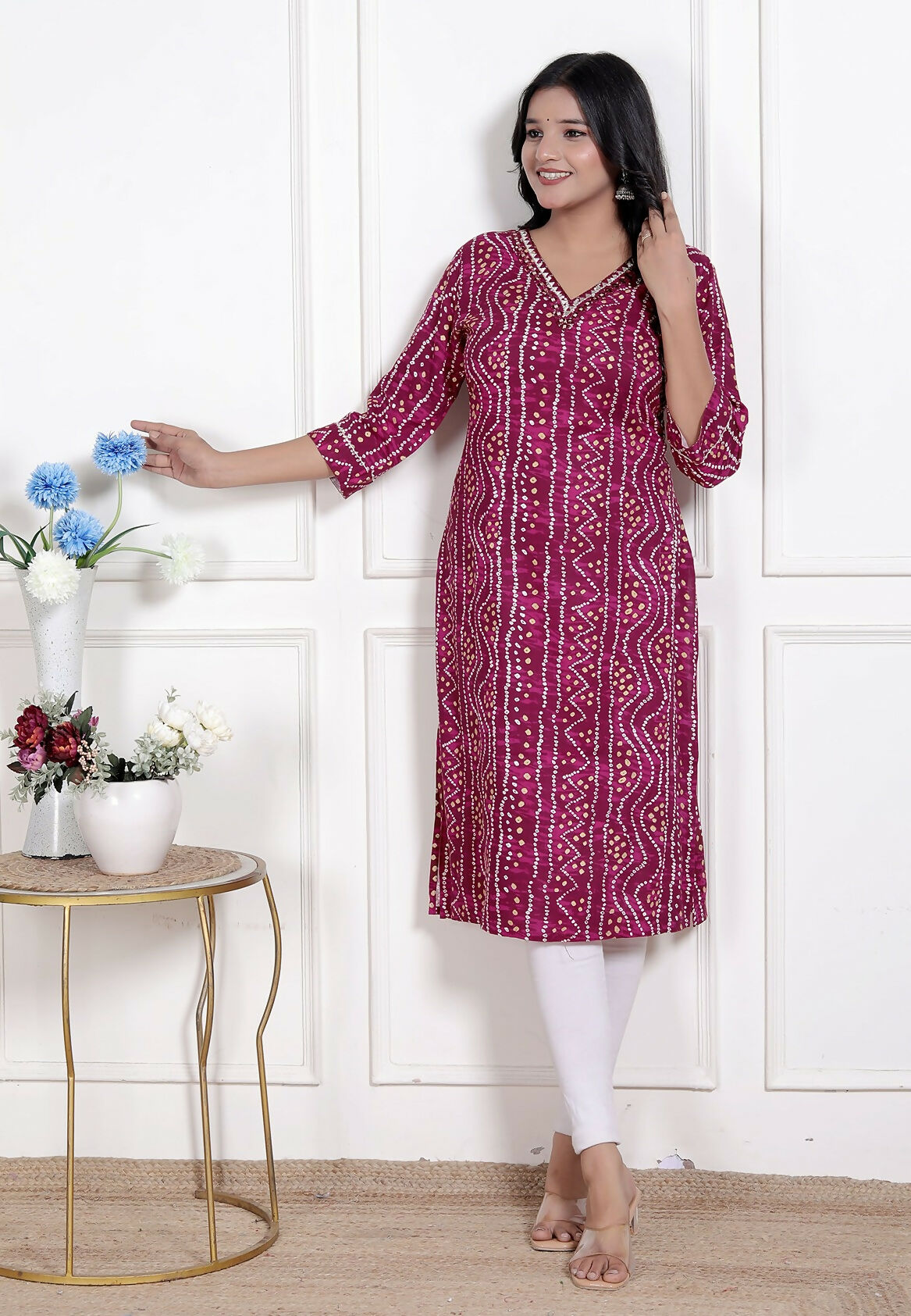 Miravan Womens Magenta Bandhej Printed Rayon Kurti | Grocsy