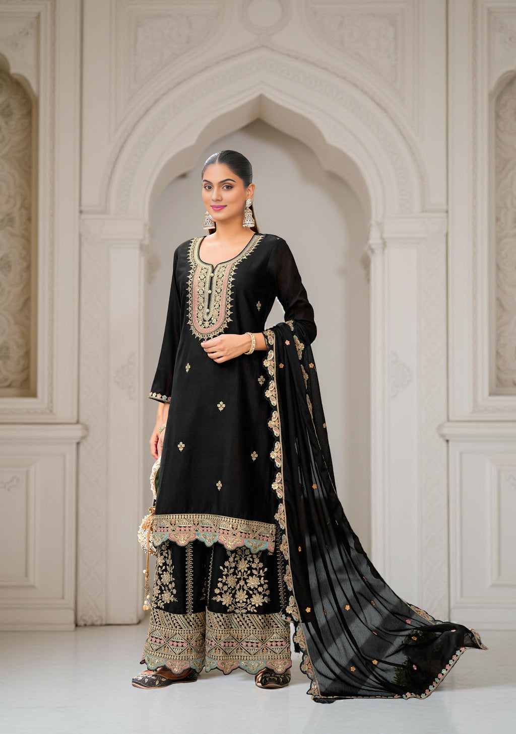 Ethnic Festive Wear Black Primium Chinon Fabric Stitched Suit With Dupatta - Zeeya | Grocsy