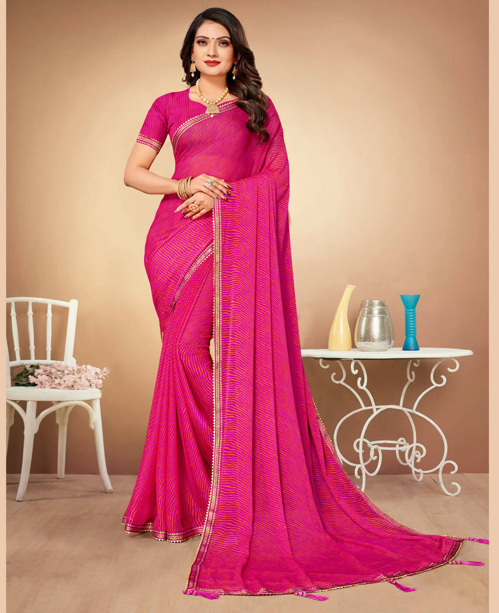 Pink Chiffon Leheriya Printed Saree With Unstitched Blouse Piece - Swarna | Grocsy