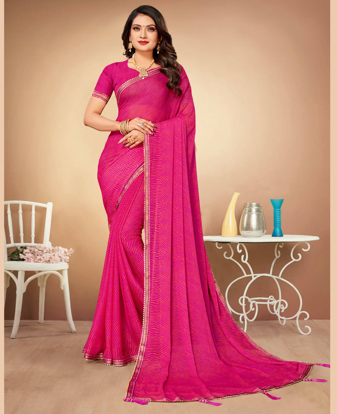 Pink Chiffon Leheriya Printed Saree With Unstitched Blouse Piece - Swarna | Grocsy