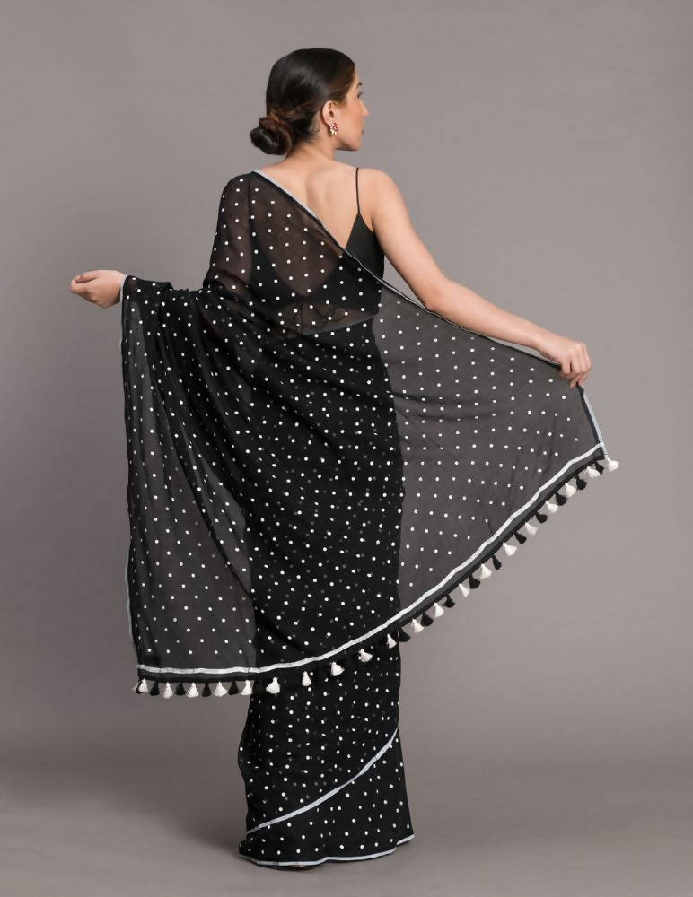 Suta Black White Polka Dots Printed Pure Cotton Saree | Grocsy
