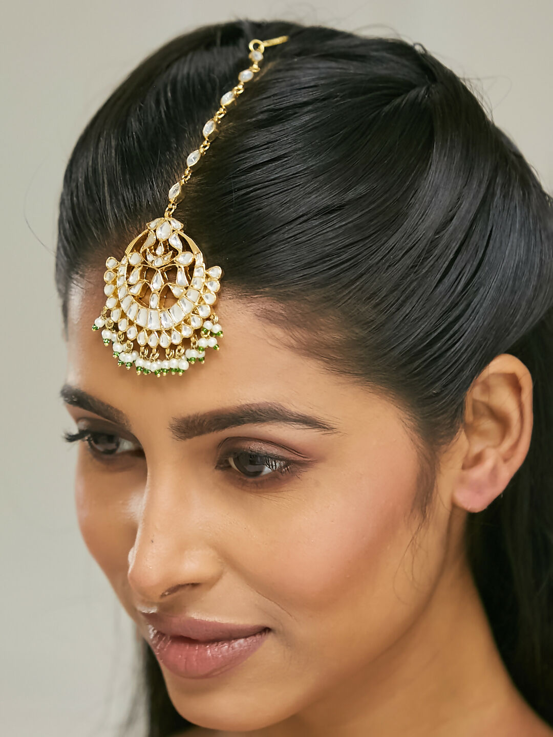 Nuyug 22K Gold-Plated Crystal & Pearl Studded Matha Patti | Grocsy