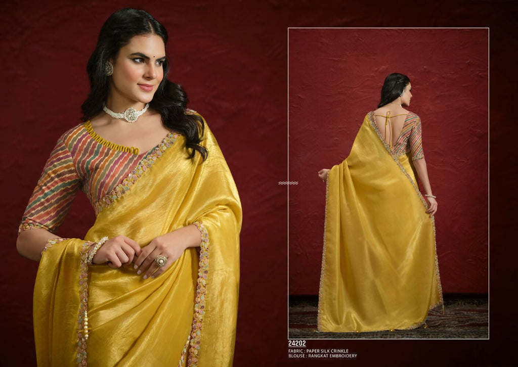 Mustard Crush Paper Silk Sequence with Handwork Saree with Stitched Blouse - Mohmanthan Aaina | Grocsy