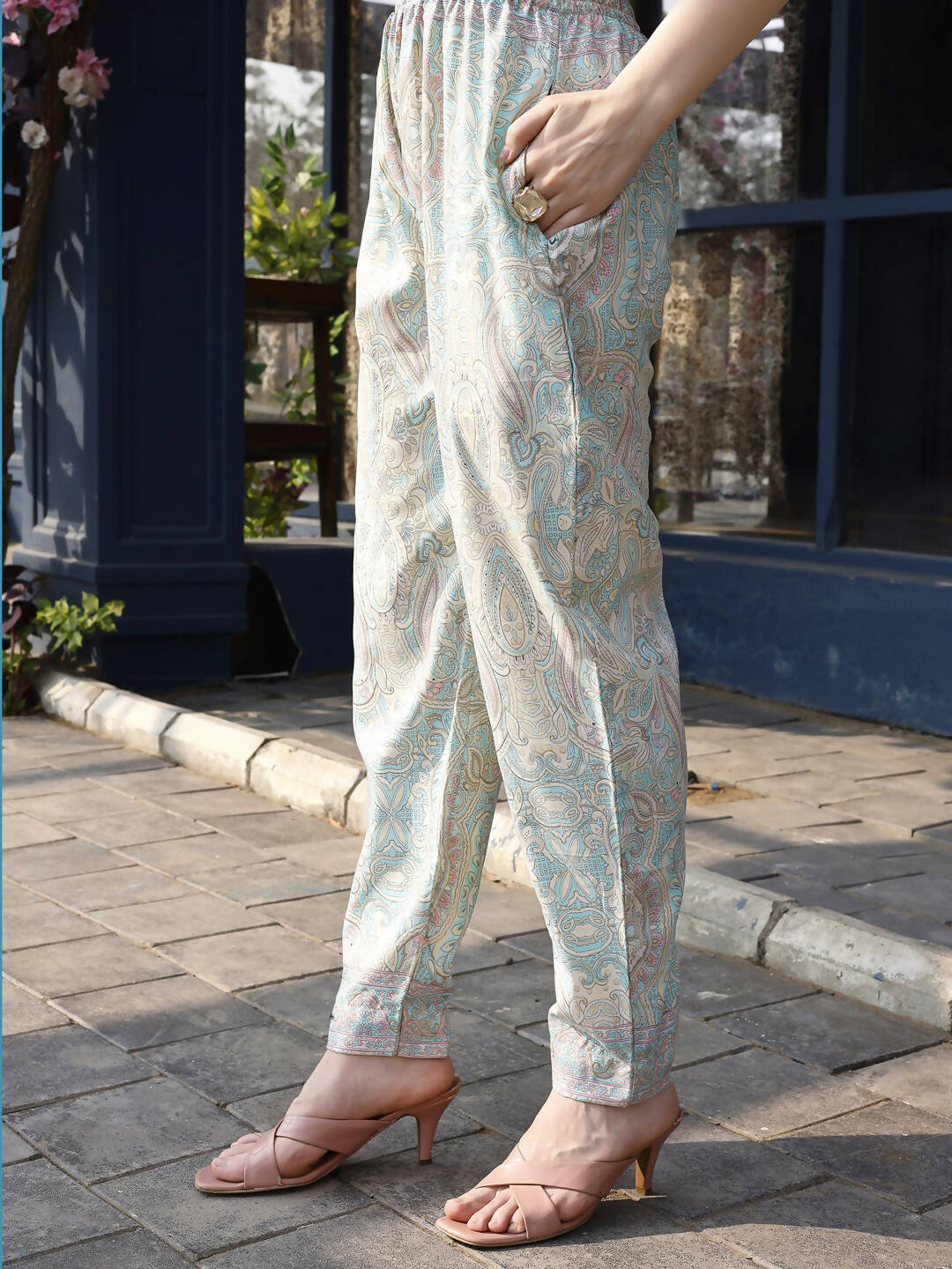 Sky Blue Rayon Paisley & Floral Printed Top with Matching Bottom - Eesha | Grocsy