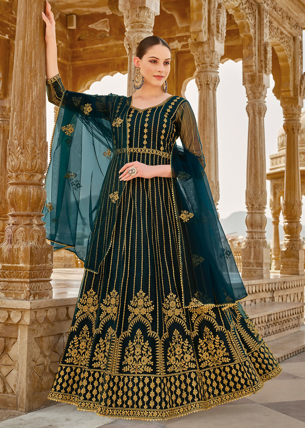 Heavy Stone Embroidered Peacock Blue Designer Anarkali Suit - Emponline | Grocsy