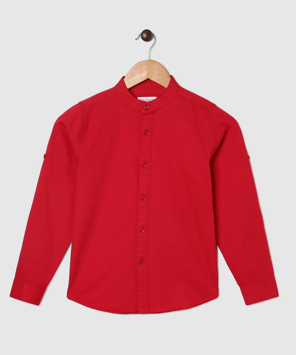 Manet Boys Mandarin Collar Full Sleeves Melange Shirt - Red | Grocsy