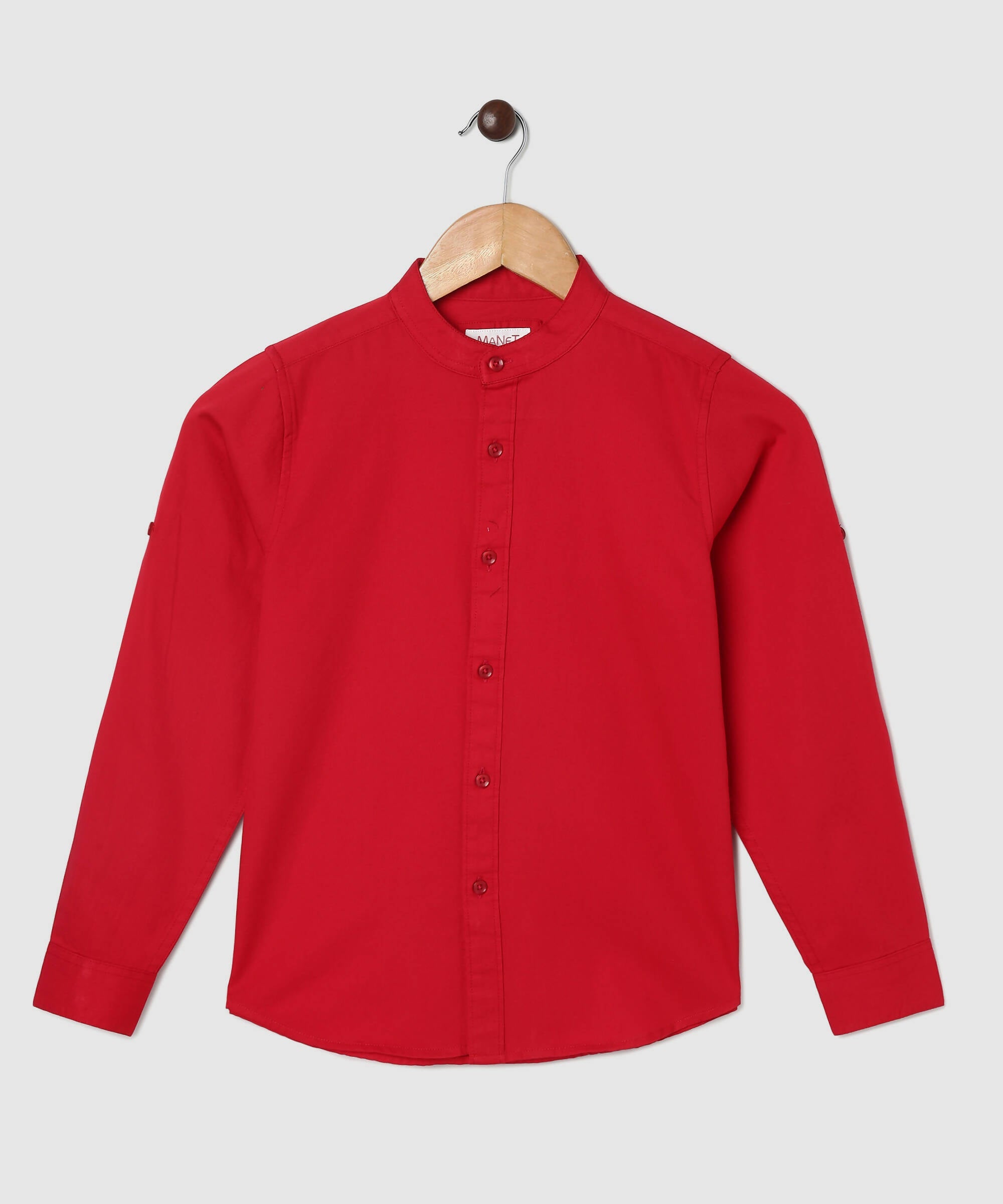 Manet Boys Mandarin Collar Full Sleeves Melange Shirt - Red | Grocsy