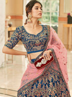 Tulsi Art Attractive Blue Heavy Embroidery Velvet Wedding Wear Lehenga Choli | Grocsy