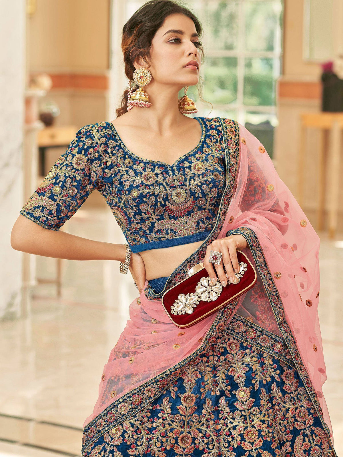 Tulsi Art Attractive Blue Heavy Embroidery Velvet Wedding Wear Lehenga Choli | Grocsy
