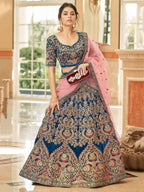 Tulsi Art Attractive Blue Heavy Embroidery Velvet Wedding Wear Lehenga Choli | Grocsy