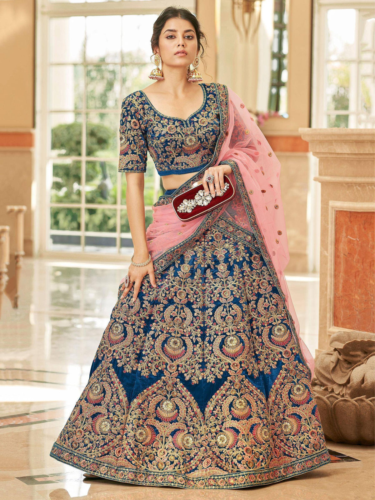 Tulsi Art Attractive Blue Heavy Embroidery Velvet Wedding Wear Lehenga Choli | Grocsy