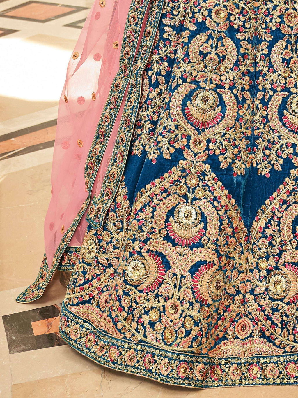 Tulsi Art Attractive Blue Heavy Embroidery Velvet Wedding Wear Lehenga Choli | Grocsy