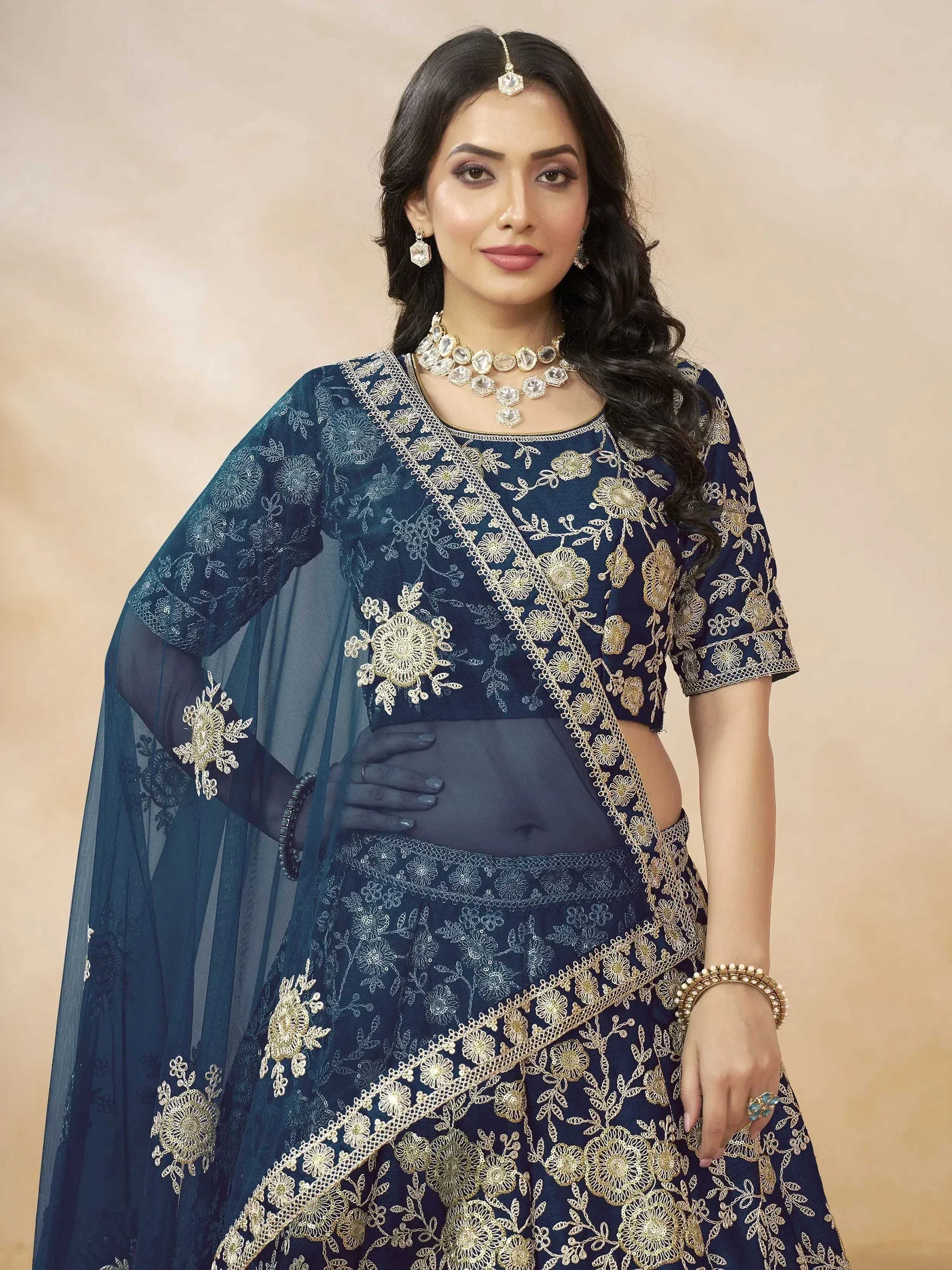 Tulsi Art Attractive Blue Silk Embroidered Lehenga Choli With Dupatta | Grocsy