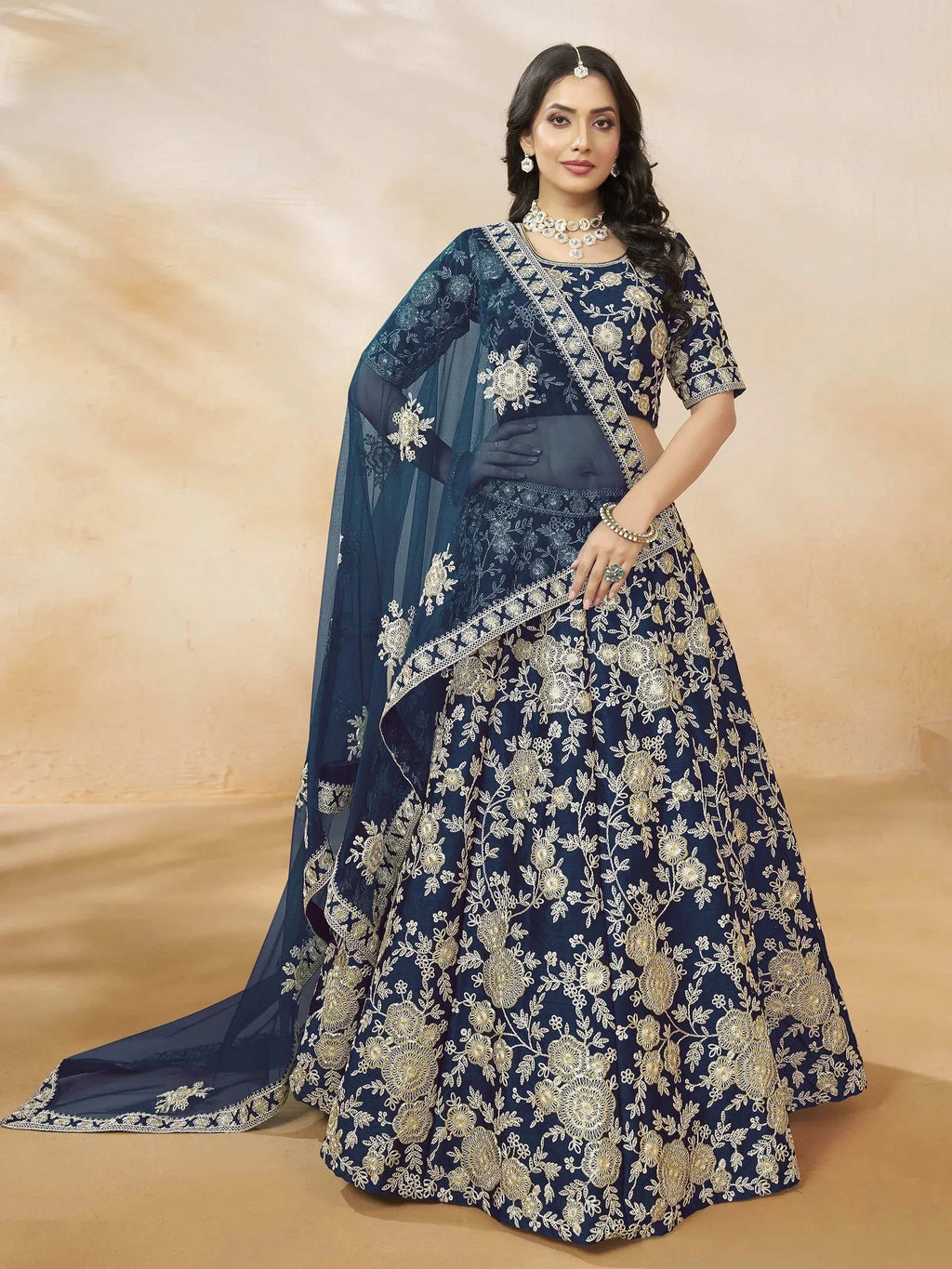 Tulsi Art Attractive Blue Silk Embroidered Lehenga Choli With Dupatta | Grocsy