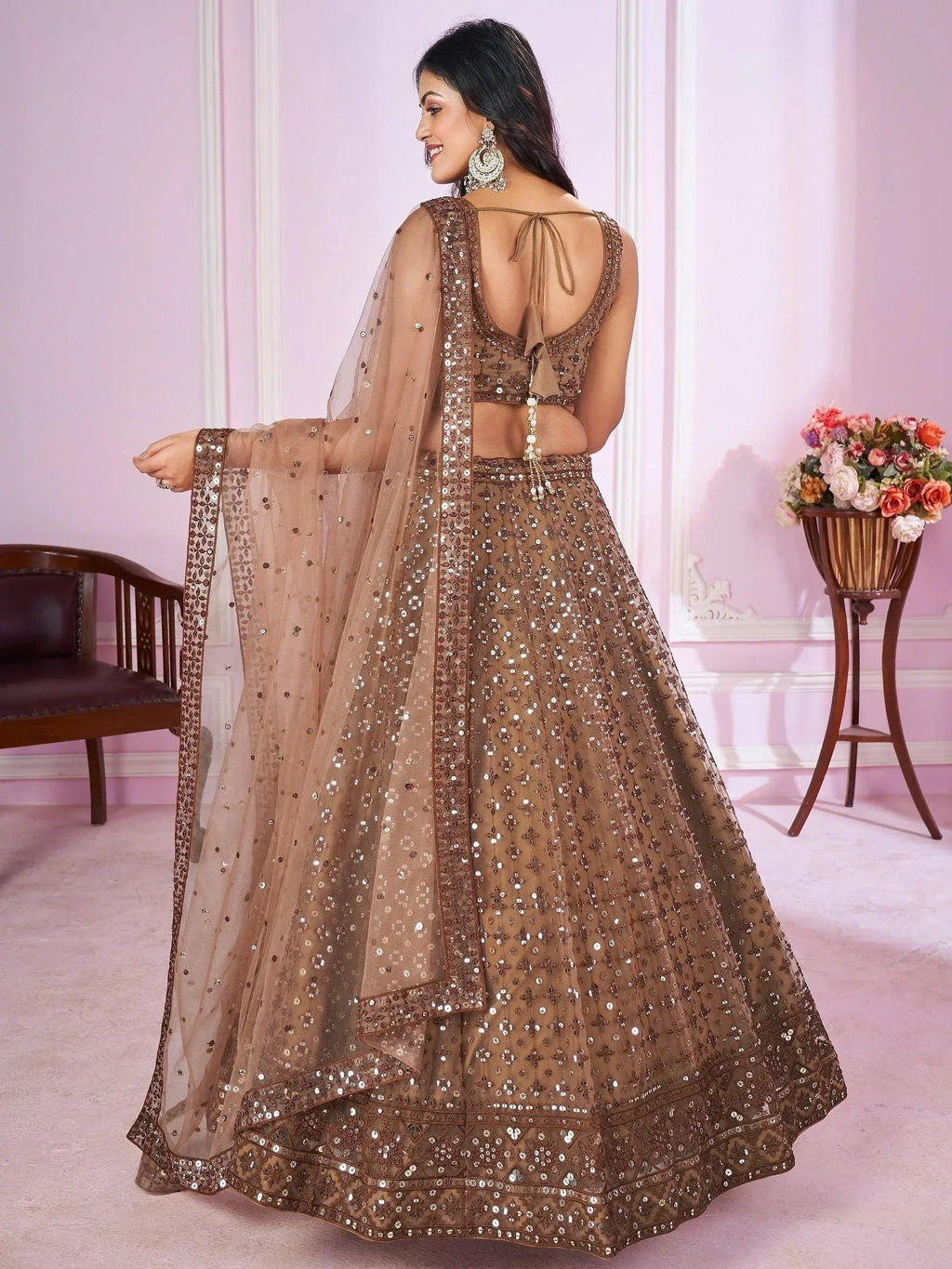 Tulsi Art Attractive Brown Sequins Soft Net Engagement Wear Lehenga Choli | Grocsy