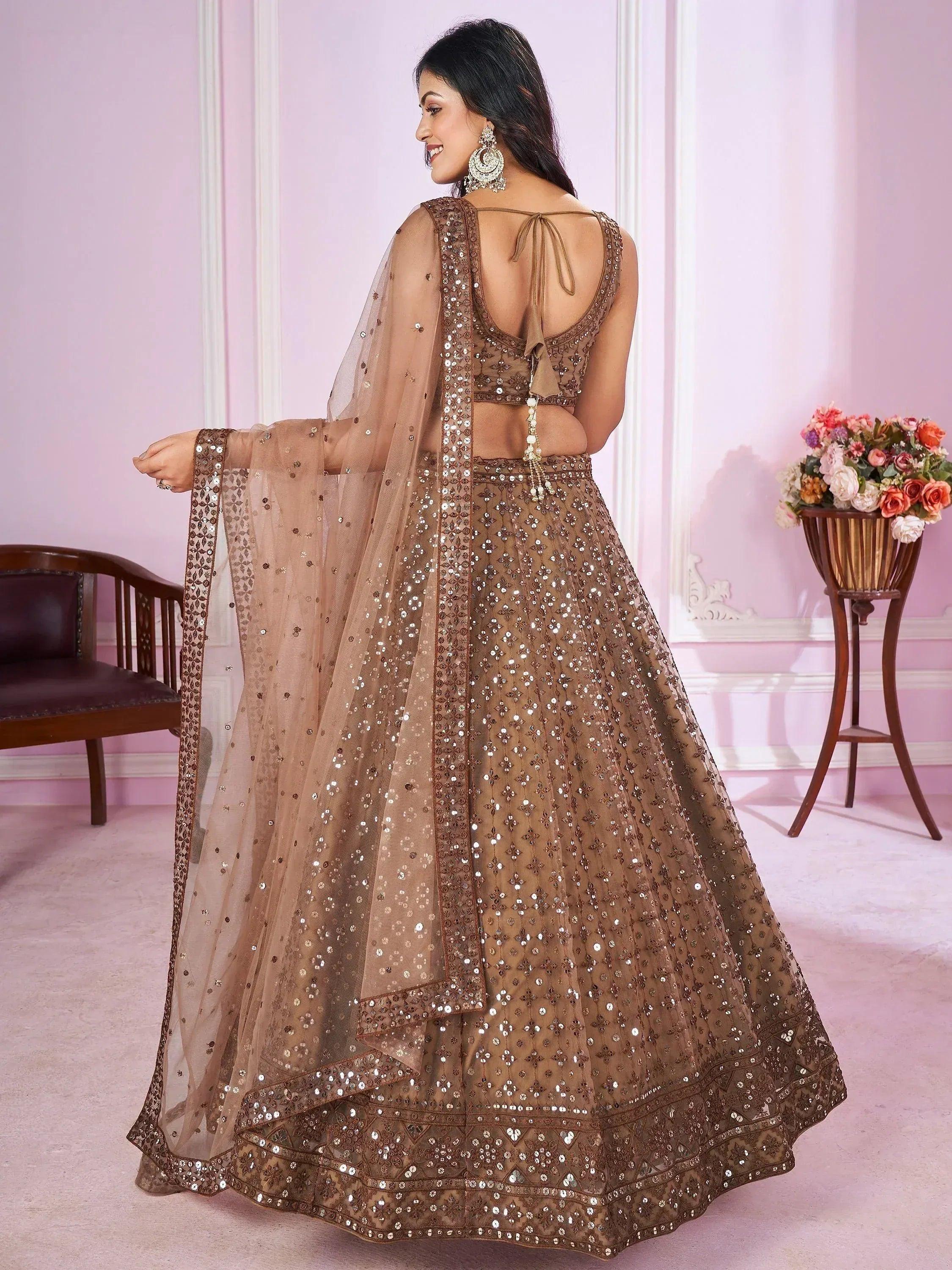 Tulsi Art Attractive Brown Sequins Soft Net Engagement Wear Lehenga Choli | Grocsy