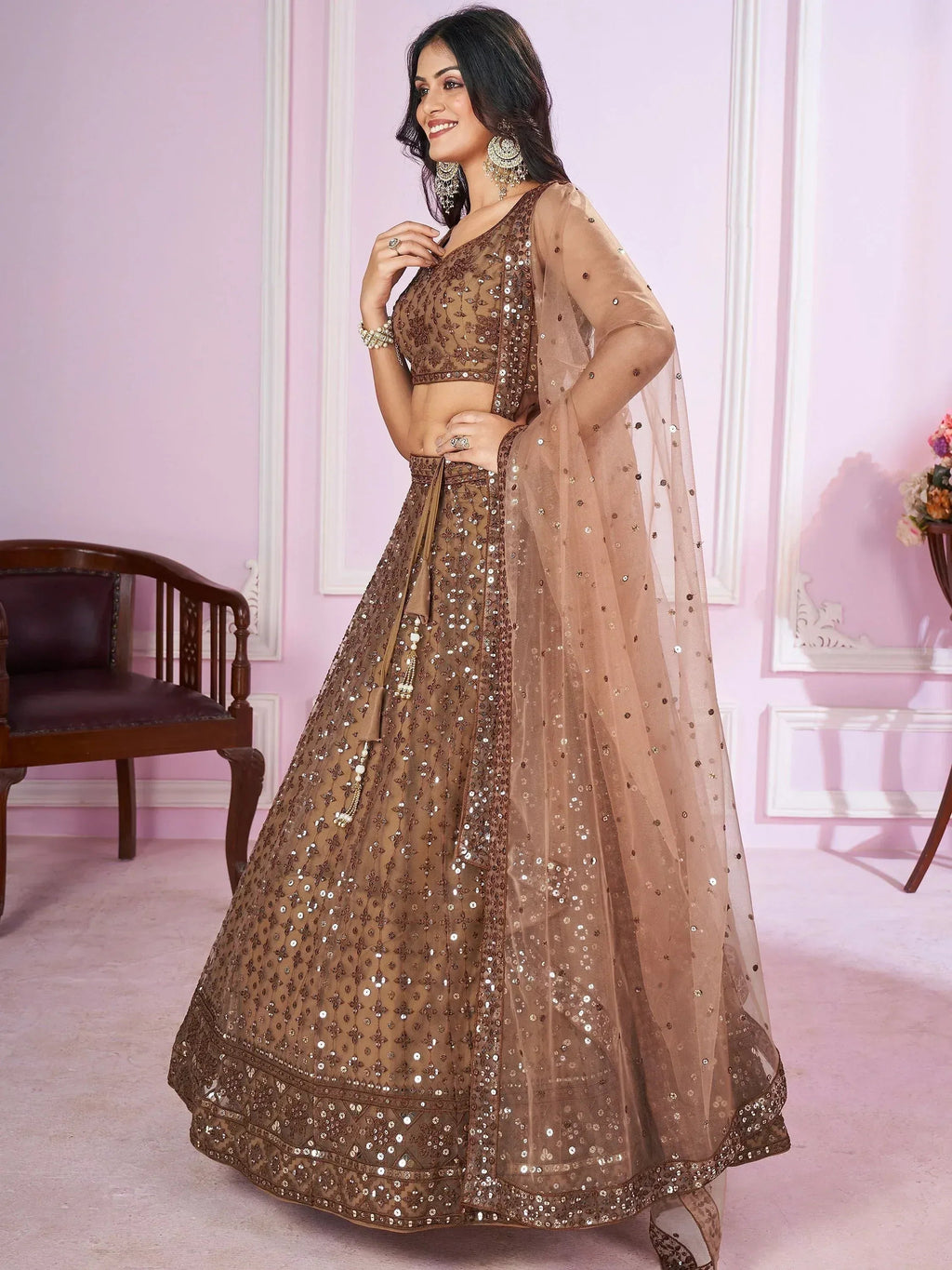 Tulsi Art Attractive Brown Sequins Soft Net Engagement Wear Lehenga Choli | Grocsy