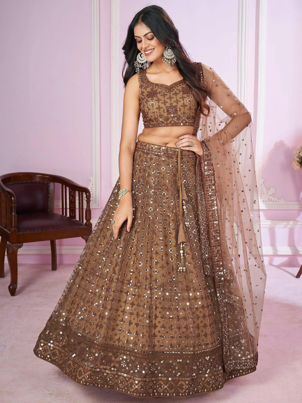 Tulsi Art Attractive Brown Sequins Soft Net Engagement Wear Lehenga Choli | Grocsy