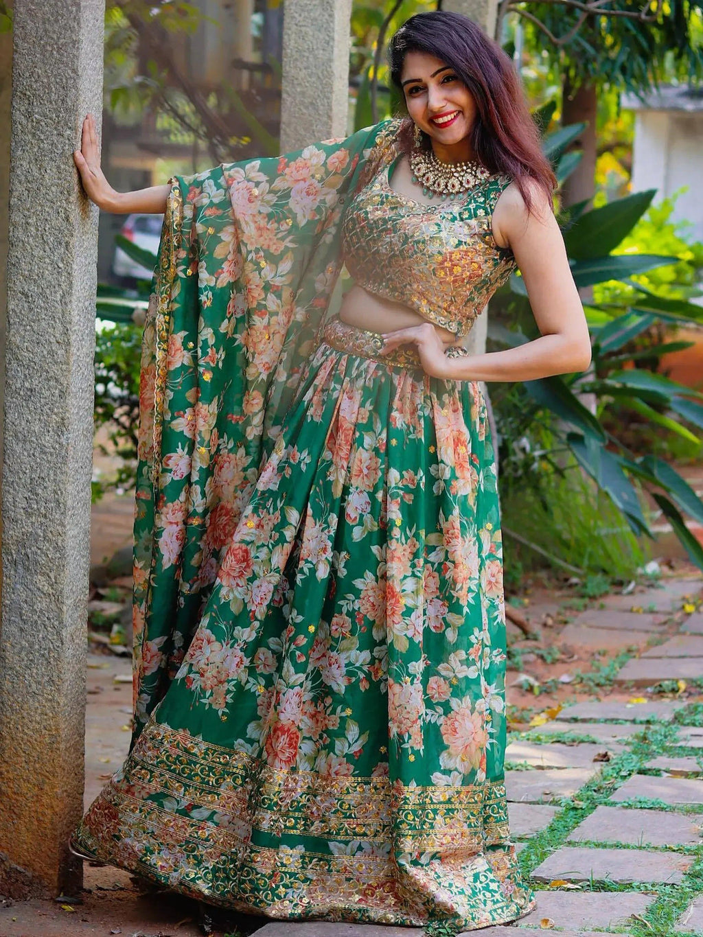 Tulsi Art Attractive Green Floral Printed Organza Wedding Wear Lehenga Choli | Grocsy