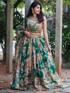 Tulsi Art Attractive Green Floral Printed Organza Wedding Wear Lehenga Choli | Grocsy