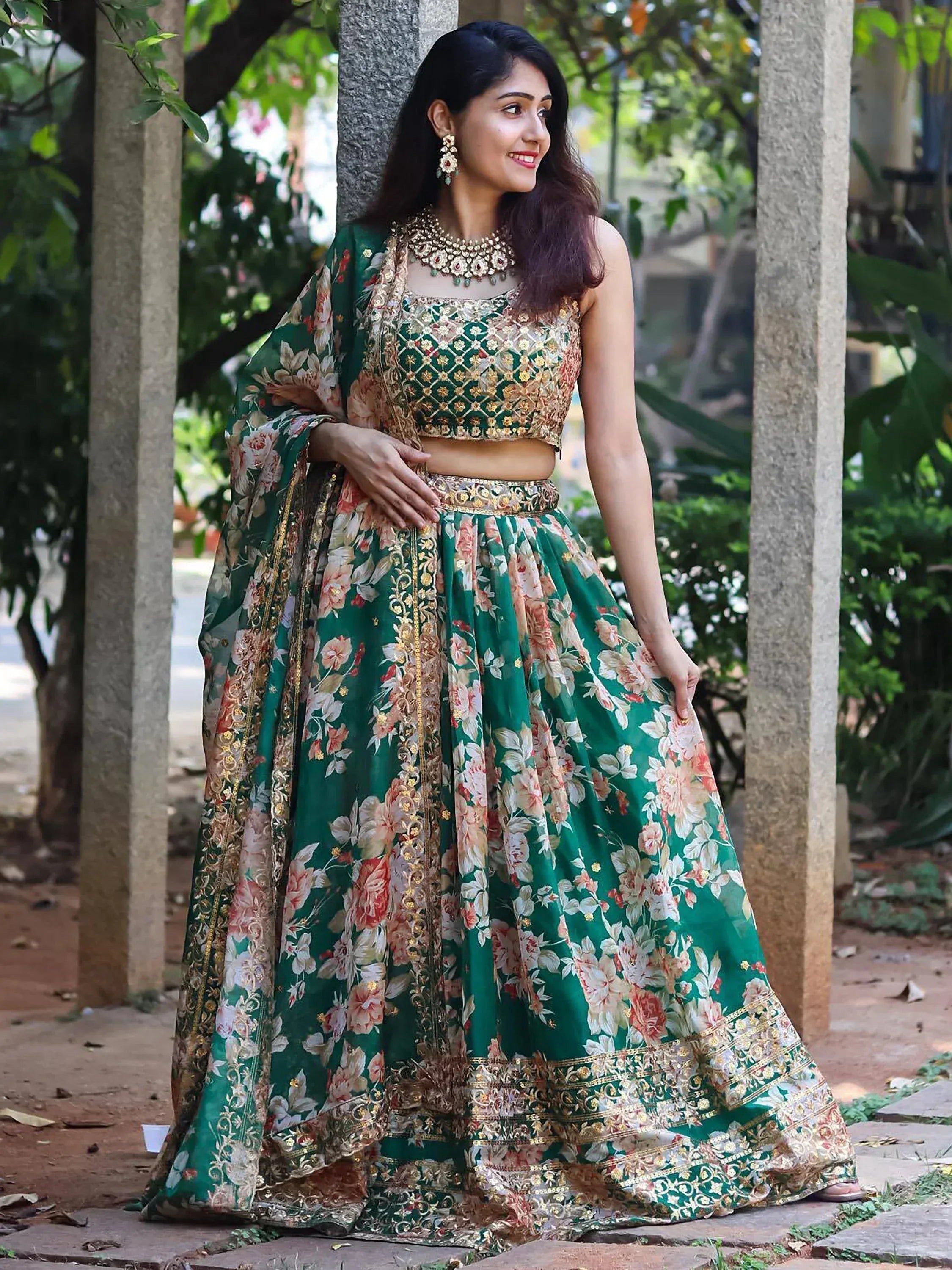 Tulsi Art Attractive Green Floral Printed Organza Wedding Wear Lehenga Choli | Grocsy