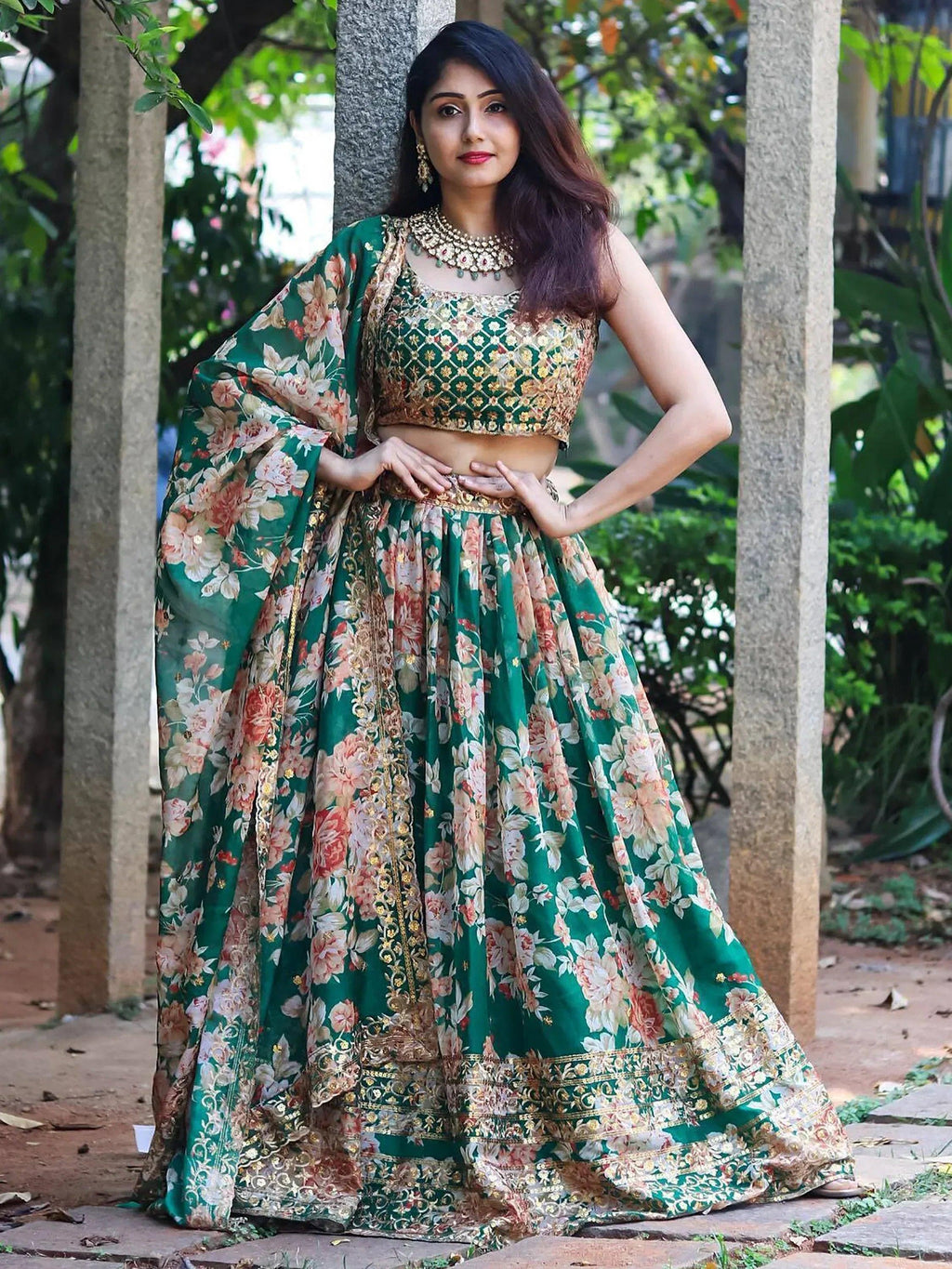 Tulsi Art Attractive Green Floral Printed Organza Wedding Wear Lehenga Choli | Grocsy