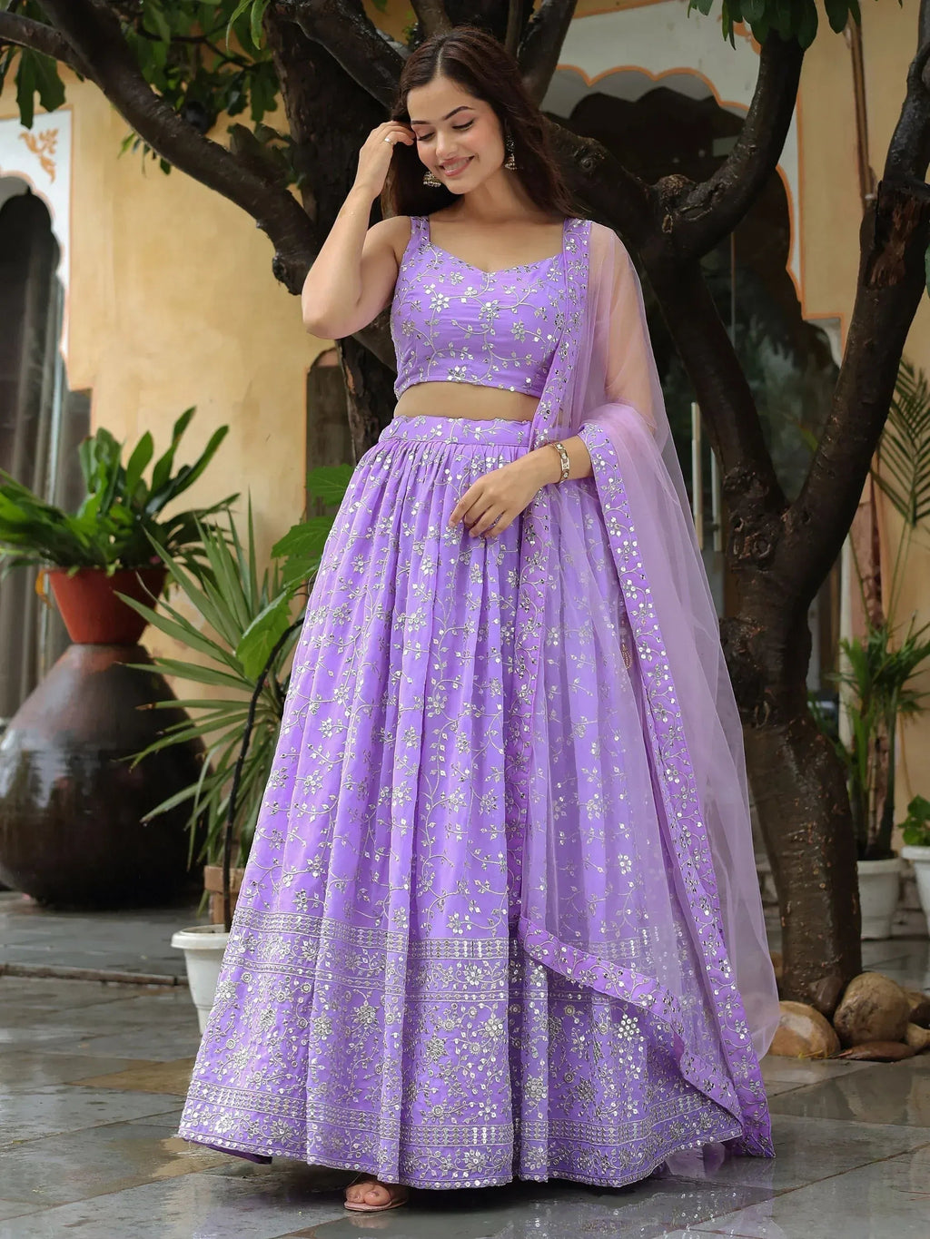 Tulsi Art Attractive Lavender Embroidered Georgette Wedding Wear Lehenga Choli | Grocsy