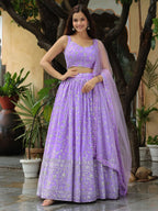 Tulsi Art Attractive Lavender Embroidered Georgette Wedding Wear Lehenga Choli | Grocsy