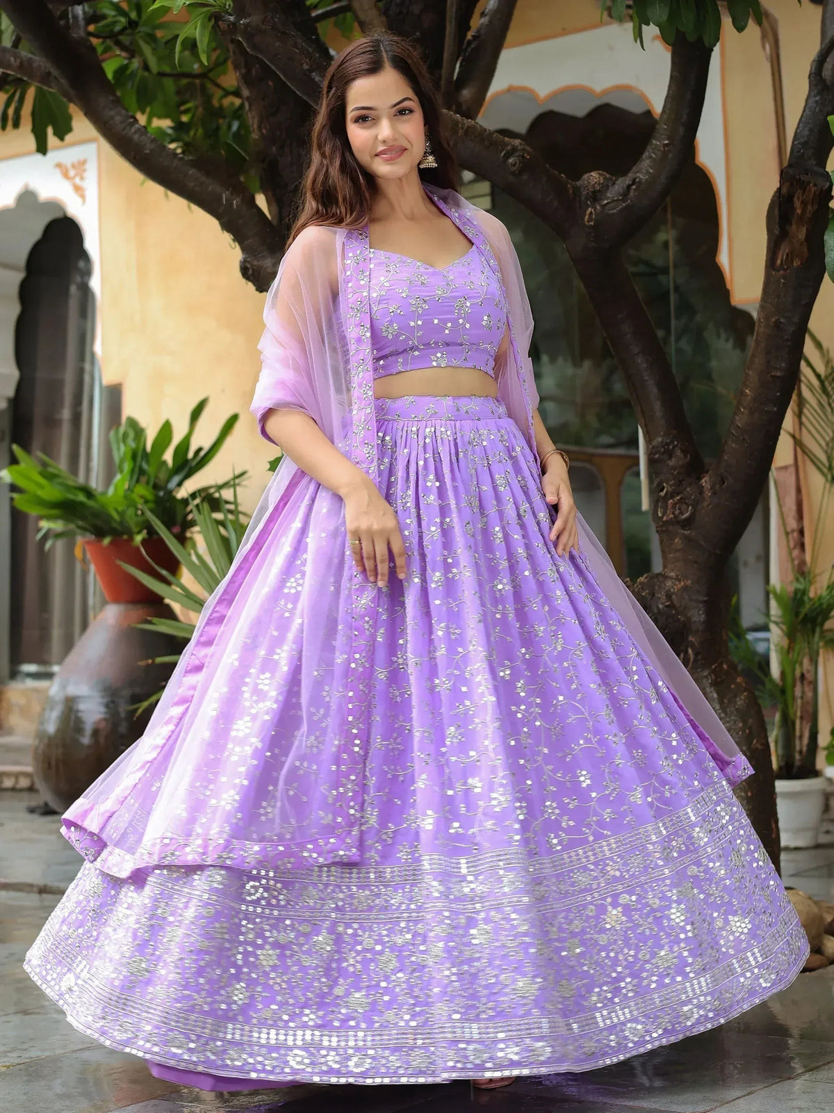 Tulsi Art Attractive Lavender Embroidered Georgette Wedding Wear Lehenga Choli | Grocsy