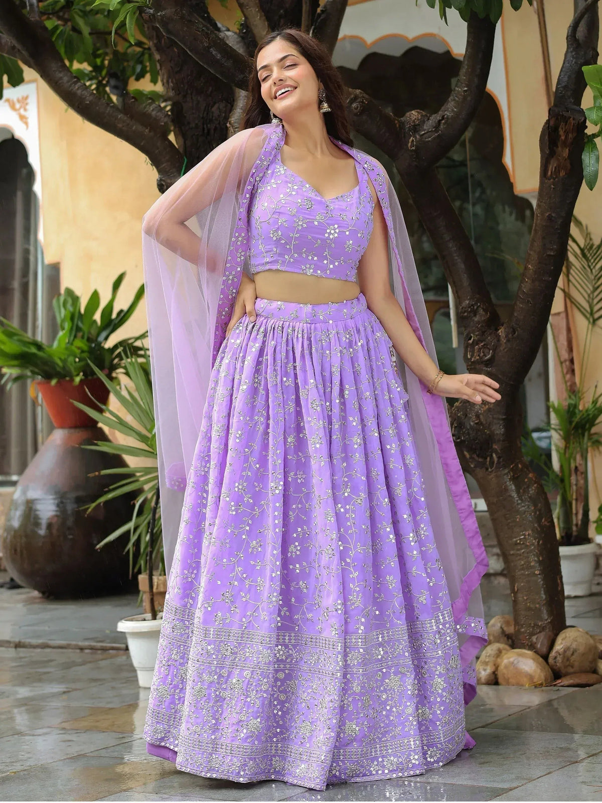 Tulsi Art Attractive Lavender Embroidered Georgette Wedding Wear Lehenga Choli | Grocsy