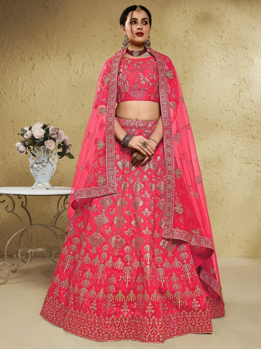 Tulsi Art Attractive Peach Sequins Silk Festival Wear Lehenga Choli With Dupatta | Grocsy