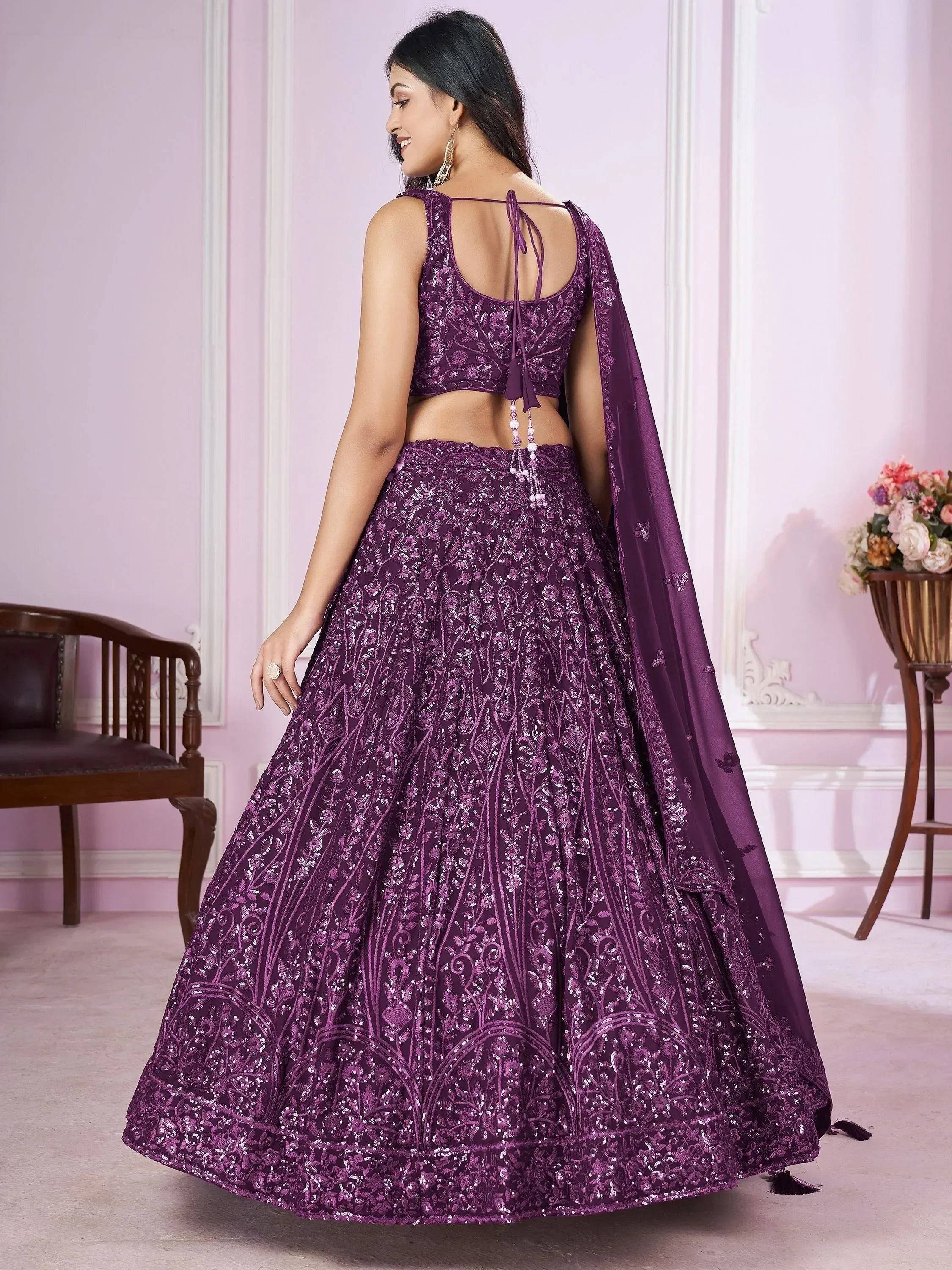 Tulsi Art Attractive Purple Sequins Georgette Wedding Wear Lehenga Choli | Grocsy