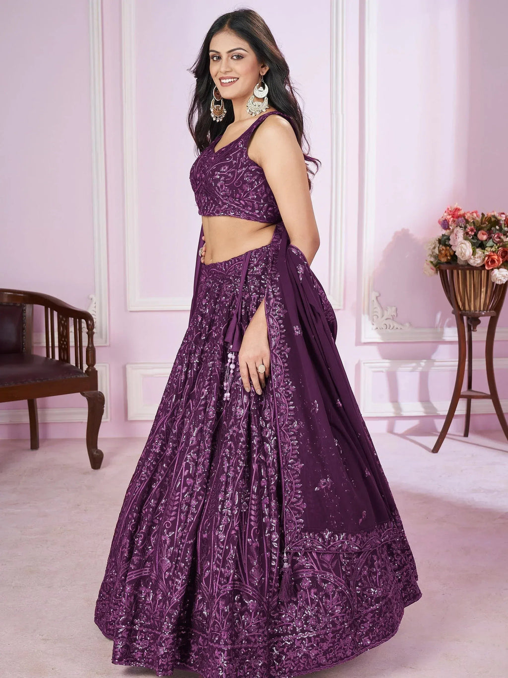 Tulsi Art Attractive Purple Sequins Georgette Wedding Wear Lehenga Choli | Grocsy