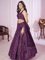 Tulsi Art Attractive Purple Sequins Georgette Wedding Wear Lehenga Choli | Grocsy