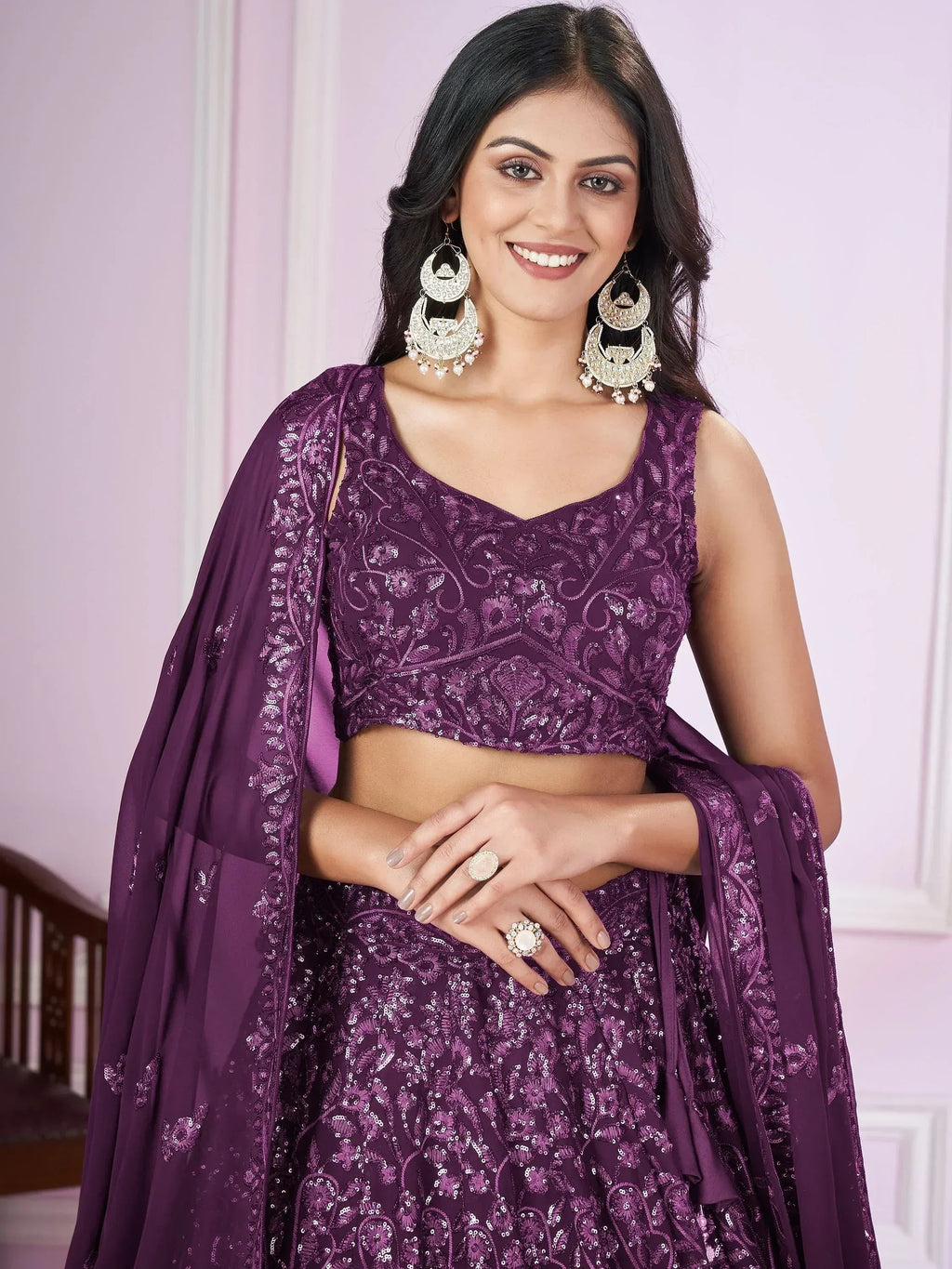 Tulsi Art Attractive Purple Sequins Georgette Wedding Wear Lehenga Choli | Grocsy